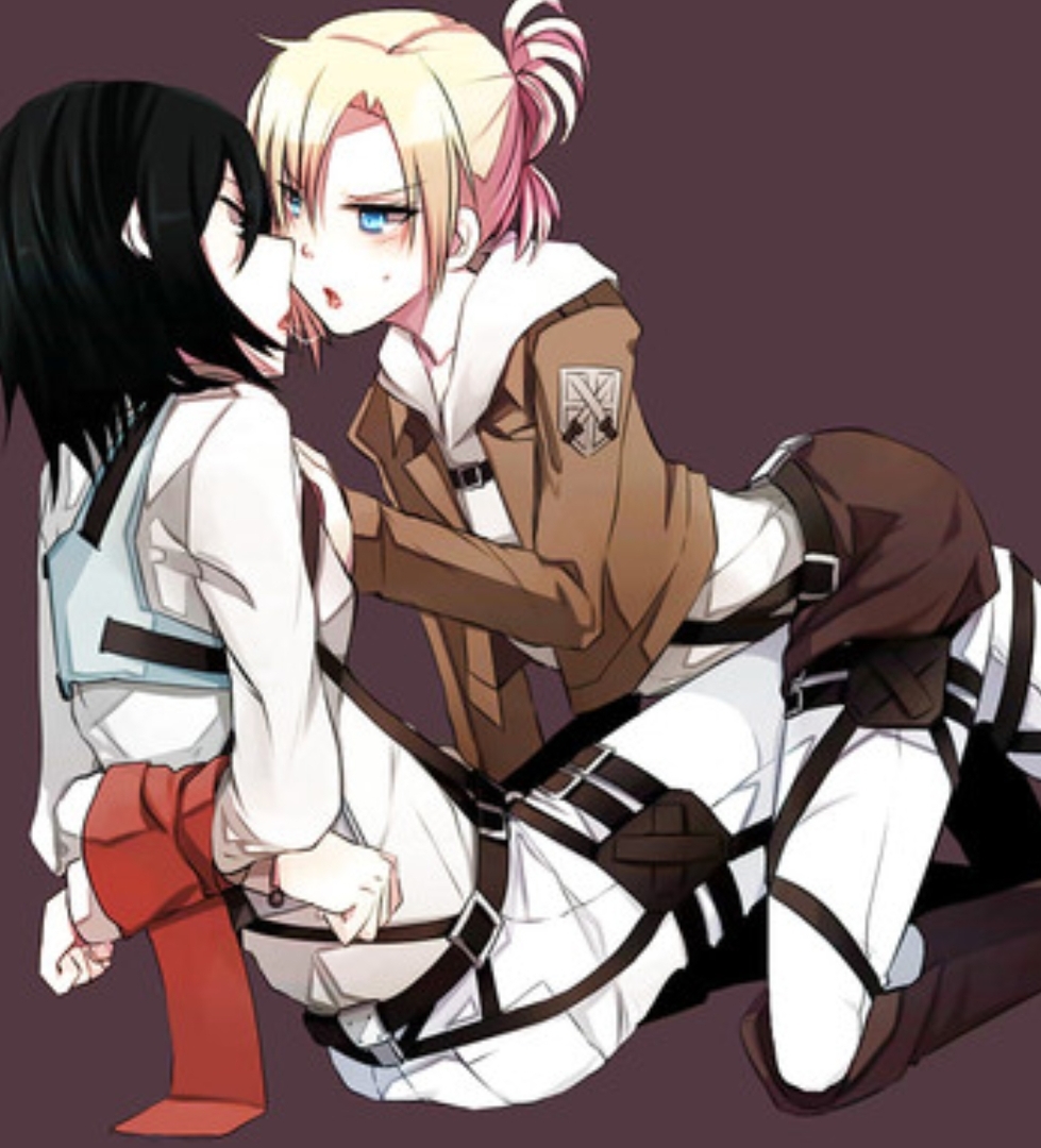 2girls, annie leonhardt, asian, asian female, attack on titan, black hair, black-haired female, blond, blonde female, blonde hair, blonde-haired female, blue eyes, crawling, female, kissing, lesbian, lesbians, lowres, mikannie, mikasa ackerman, multiple females, multiple girls, shingeki no kyojin, yuri