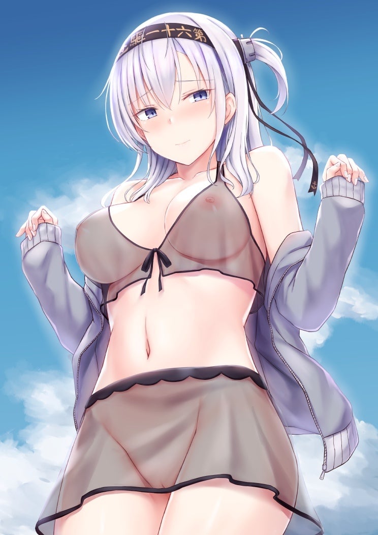 blue eyes, blush, breasts, cai geng, female, half-dressed, kantai collection, looking at viewer, medium breasts, no panties, pussy, see-through, see-through bra, skirt, sky, smile, suzutsuki (kantai collection), white hair