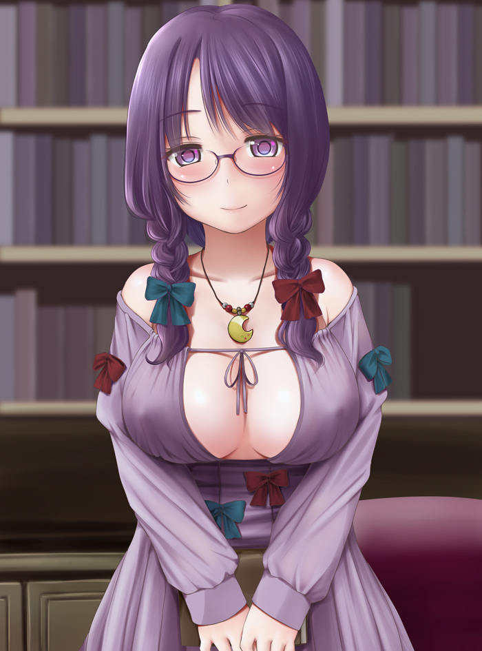 1girls bangs bare_shoulders big_breasts bookshelf bow braid breasts cleavage cleavage_cutout crescent_moon glasses holding_object jewelry kozue_akari library long_hair looking_at_viewer megane patchouli_knowledge purple_eyes purple_hair smile touhou twin_braids