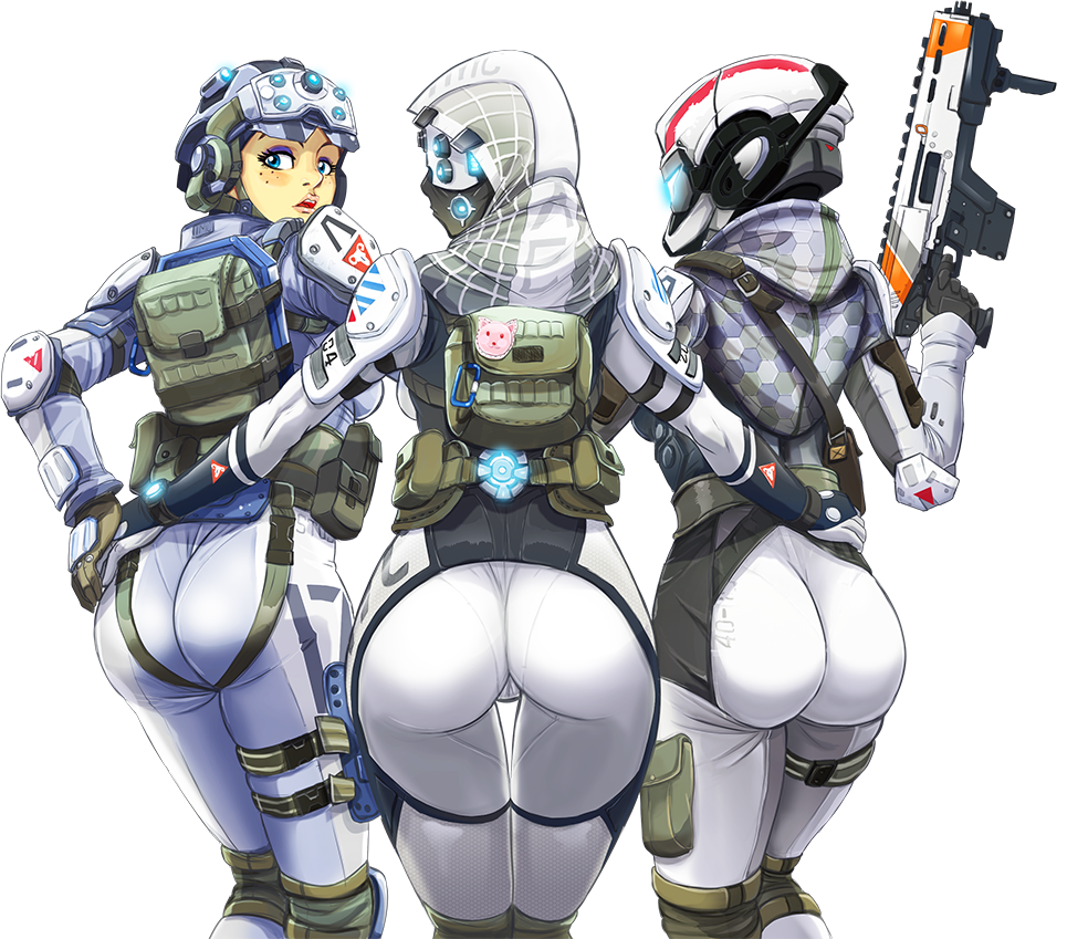 2d 3girls 5_fingers arm_around_waist armor armour ass back_view backboob backsack backside big_ass blue_eyes blue_iris eyeshadow faceless_female female female_imc_assault female_imc_close_quarters female_imc_sniper female_only female_soldier fit fit_female glowing_visor gun helmet hood human light-skinned_female light_skin mask mouth_open open_mouth pilot_(titanfall) ranged_weapon respawn_entertainment skin_tight soldier standing thigh_gap tight_clothing titanfall trio viewed_from_behind weapon white_sclera