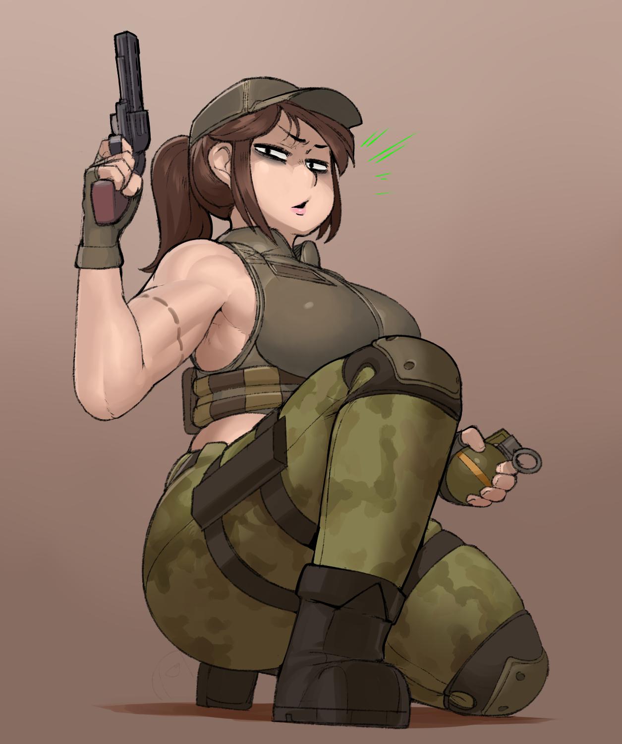 armpits biceps boots brown_hair camo camouflage camouflage_pants clothed female firearm footwear grenade gun gun_holster handgun handwear hat headwear holster human krekk0v looking_at_viewer military military_uniform muscular muscular_female pale_skin ponytail revolver sideboob vest weapon