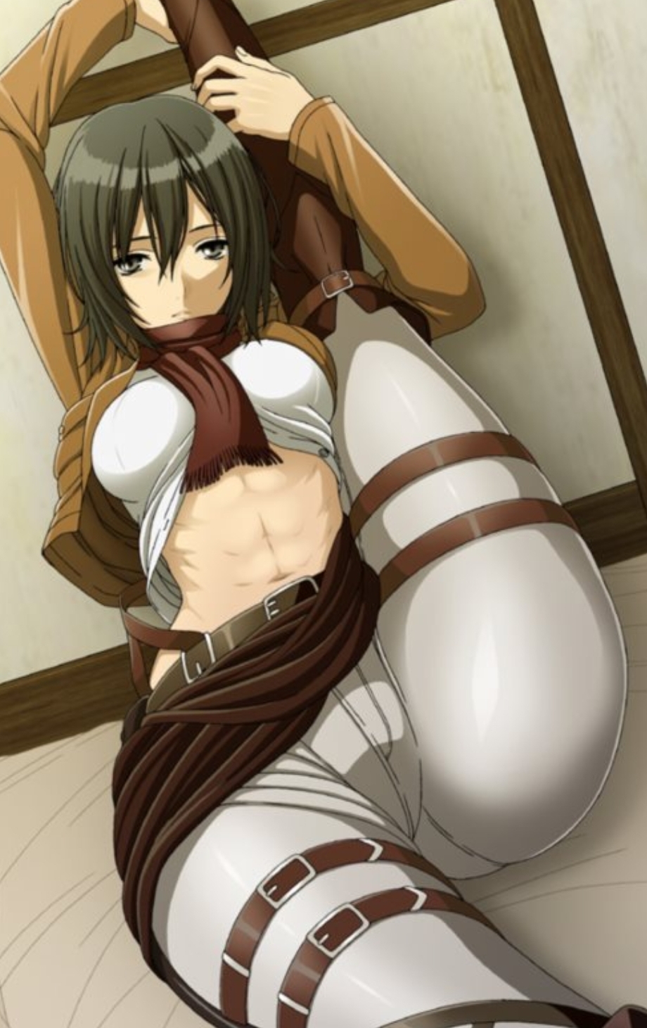 1girls, attack on titan, black hair, eren jaeger, female, female only, fully clothed, leg up, mikasa ackerman, pov, shingeki no kyojin, solo, spread legs