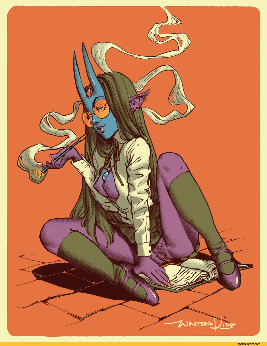 blue skin, book, breasts, breasts out, cigarette, cigarette holder, ciocie cioelle, ciocie cioelle estrella von maximus the third, come hither, demon, eyewear, female, glasses, horns, kill six billion demons, kiseru, long hair, partially clothed, pointy ears, purple skin, pussy, shoes, smoking, spread legs, stockings, webcomic, wintonkidd