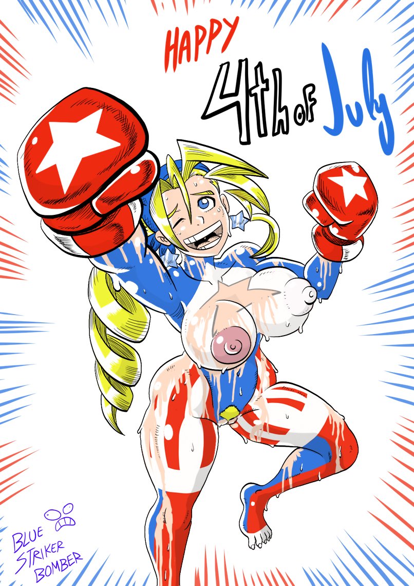 1girls 4th_of_july american_flag barefoot big_breasts big_nipples blonde_hair blue_eyes bluestrikerbomber bodypaint boxing_gloves breasts busty capcom cleavage earrings female female_only gloves large_breasts large_nipples nipples one_eye_closed open_mouth painted_clothes pubic_hair pussy red_boxing_gloves red_gloves rival_schools star_boxing_gloves star_earrings sweat text thick thick_thighs thighs tiffany_lords vagina wide_hips