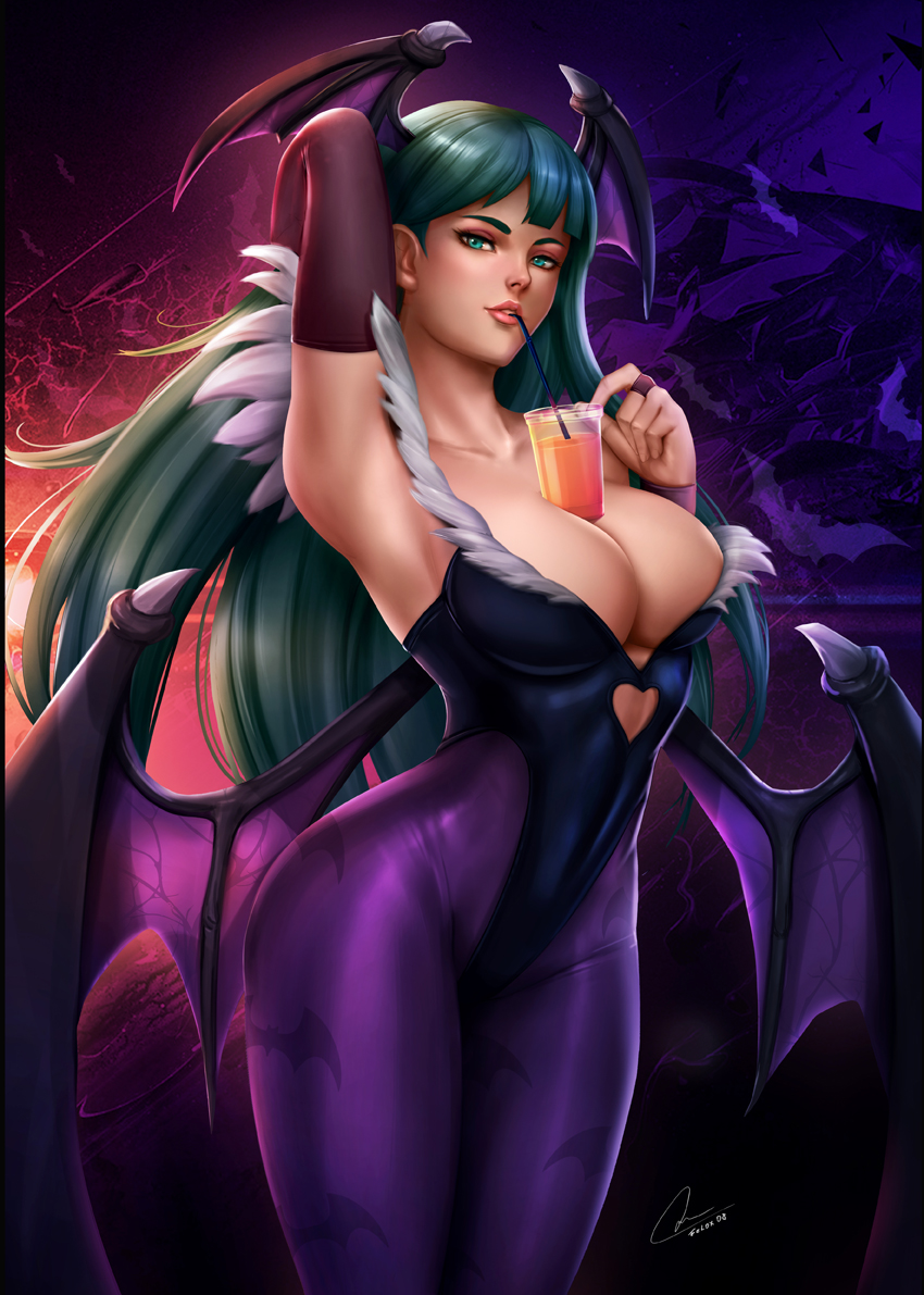 1girls, big breasts, breasts, bubble tea challenge, cleavage, clothing, darkstalkers, demon, felox08, female, female only, large breasts, looking at viewer, morrigan aensland, pinup, solo, succubus
