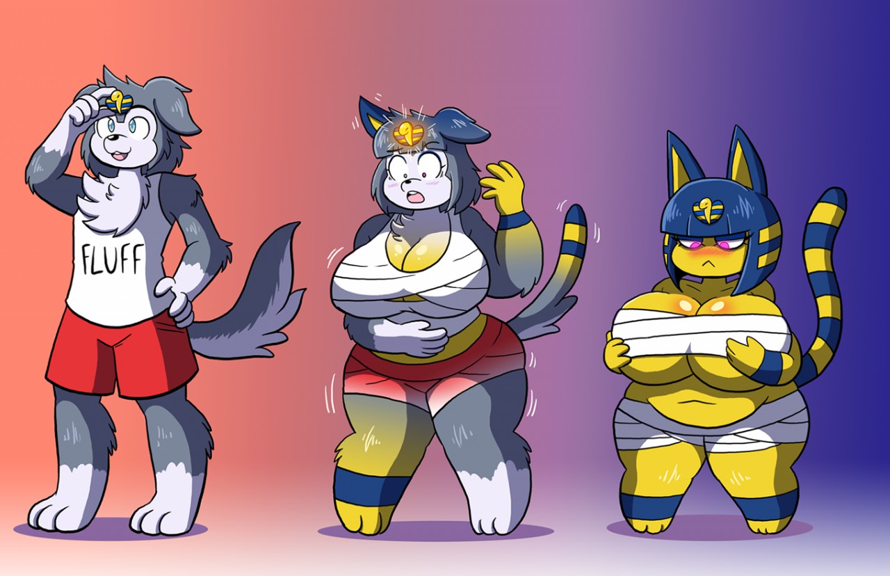 1girls, 2019, alternate species, animal crossing, ankha, anthro, ass, bandage, big ass, big belly, big breasts, breast expansion, breast growth, breast growth (enlargement), breasts, canid, canine, canis, chubby, cleavage, egyptian, feet, feline, female, furry, glowing eyes, hips, huge ass, huge breasts, identity theft, mental transformation, nintendo, original character, overweight, overweight female, paws, pink eyes, prinnydood, shirt, shorts, shortstack, tail, thick thighs, transformation, underboob, wide hips