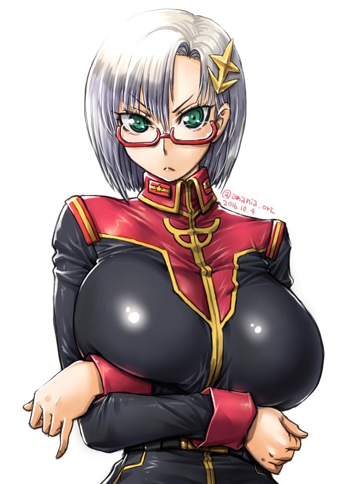 1girls amania_orz big_breasts breast_rest breasts crossed_arms earth_federation glasses green_eyes gundam huge_breasts light_frown long_sleeves looking_at_viewer military military_uniform pinky_out pursed_lips red-framed_eyewear semi-rimless_glasses shiny shiny_clothes shiny_hair short_hair silver_hair simple_background twitter_username under-rim_glasses uniform upper_body white_background zeta_gundam