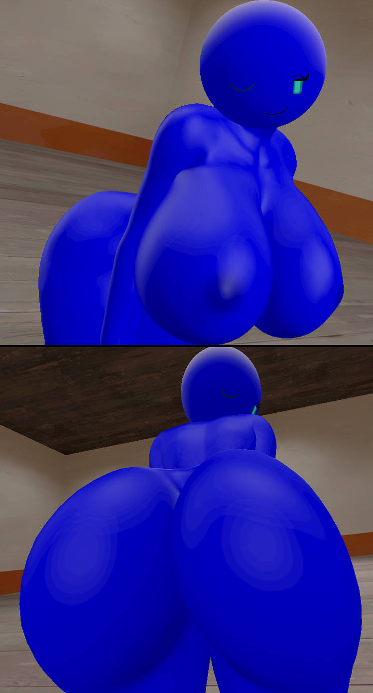 1girls 3d ass ass_focus blue_skin breasts colored_skin comic completely_nude cyan_eyes hanging_breasts huge_ass huge_breasts indoors kasso_(skulltronprime969) looking_at_viewer nipples nude oc one_eye_closed original original_character rule_63 skulltronprime969 smile solo thighs