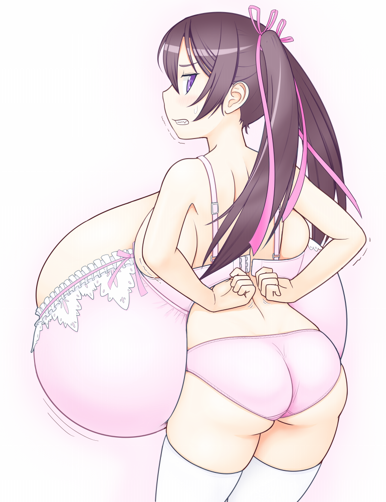 backboob big_breasts bra bursting_breasts futon_(artist) gigantic_breasts huge_breasts humongous_breasts hyper_breasts ridiculous_breast_size shortstack thighhighs tight_clothes tight_clothing underwear wardrobe_malfunction