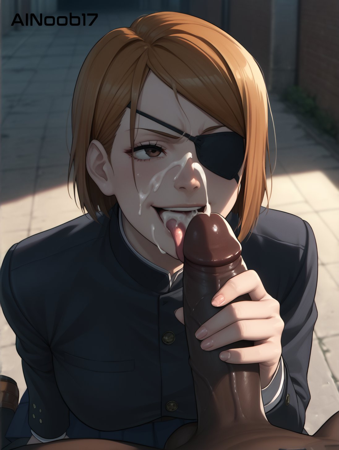 1boy, 1girls, ai generated, ainoob17, big penis, brown hair, cum, cum in mouth, cumshot, dark skin, dark-skinned male, eyepatch, facial, female, jujutsu kaisen, kugisaki nobara, light skin, light-skinned female, male, male pov, penis, school uniform, smile, stable diffusion, straight, tagme
