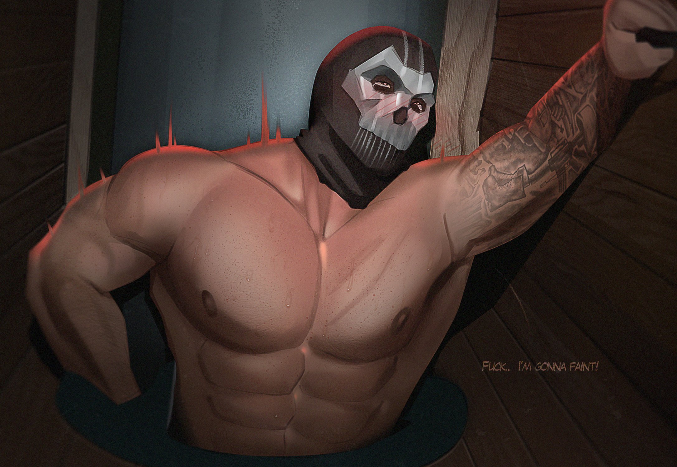 1boy, bara, blush, buff, call of duty, call of duty modern warfare 2 (2022), gay, gay domination, gay male, gay sex, ghost (modern warfare 2), glory hole, glory wall, implied anal, implied penetration, implied sex, male, male focus, male only, mask, muscular, muscular chest, muscular male, no visible genitalia, simon riley, sociopotato1, solo, solo male, yaoi