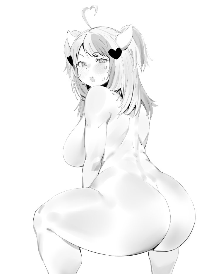 1girls, ahoge, ass, big ass, big butt, big thighs, breasts, completely naked, completely nude, crouching, female, horns, ironmouse, ironmouse (1st costume), jourjii, large ass, large breasts, large butt, large thighs, looking back, monochrome, naked, naked female, nude, nude female, solo, squatting, sweat, thick ass, thick hips, thick thighs, virtual youtuber, voluptuous, vshojo, wide hips