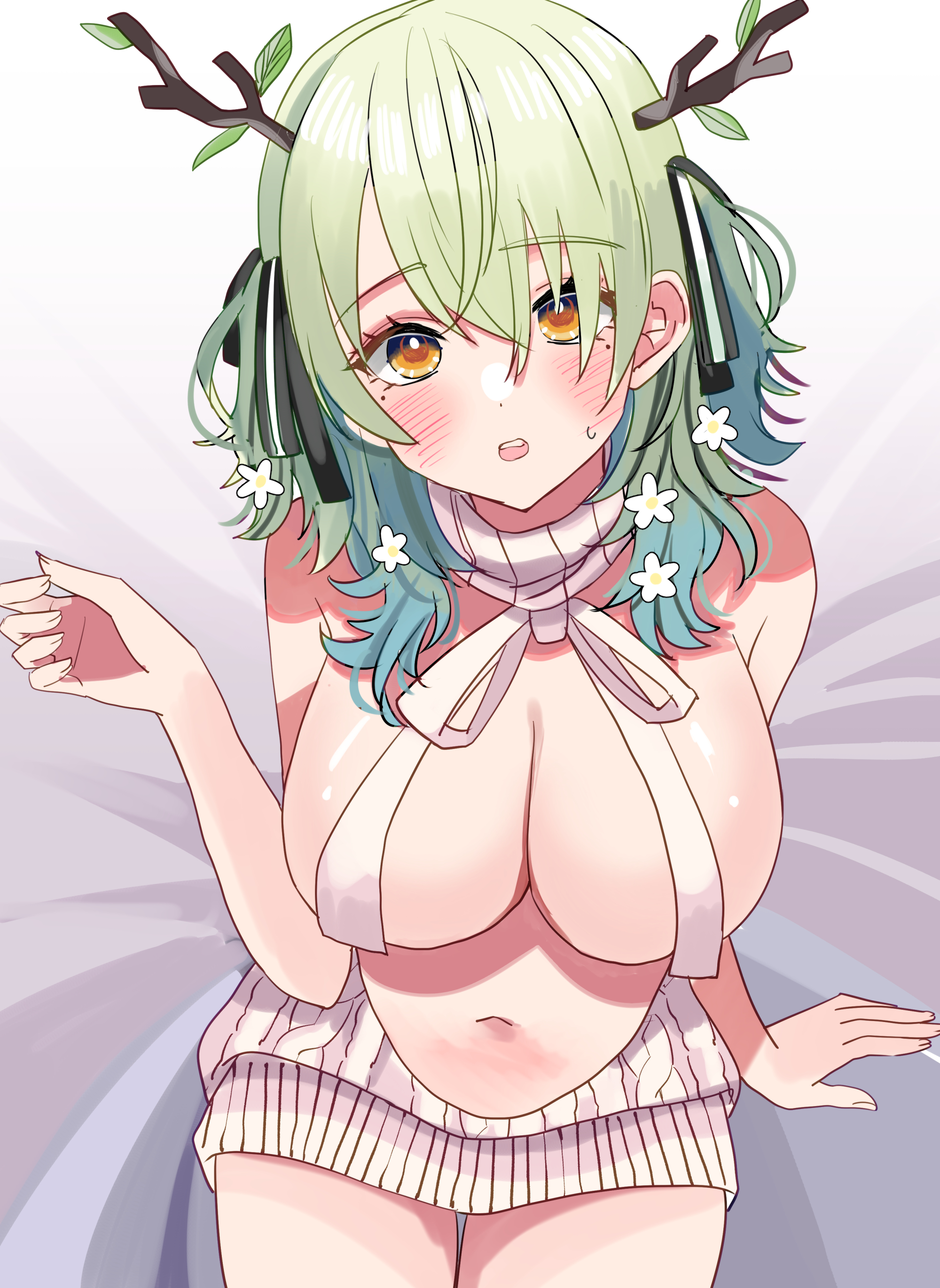1girls, antlers, belly button, blush, breasts, ceres fauna, female, female only, flowers in hair, green hair, hololive, hololive english, hololive english -council-, hololive english -promise-, huge breasts, light skin, light-skinned female, looking at viewer, on bed, reverse virgin killer sweater, shimesaba (atto silia/nox898/saba shigoto), sitting, sitting on bed, solo, sweatdrop, sweater, virgin killer sweater, virtual youtuber, yellow eyes