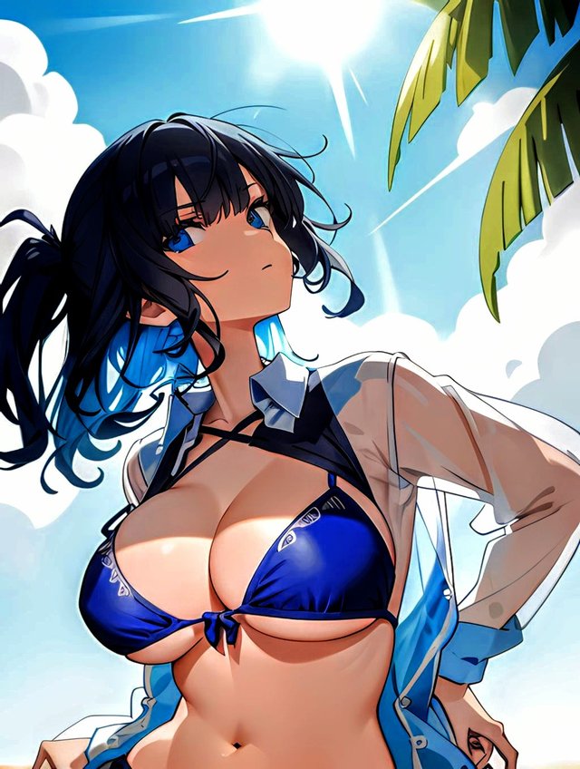 1girls adult ai_generated ai_hands artist_request bare_midriff bikini black_hair blue_eyes blue_hair breasts character_request cleavage clouds female female_only huge_breasts human mature naughty navel outdoors outside palm_tree seducing seduction seductive see-through see-through_top solo source_request tagme transparent_clothing two-tone_hair upper_body woman