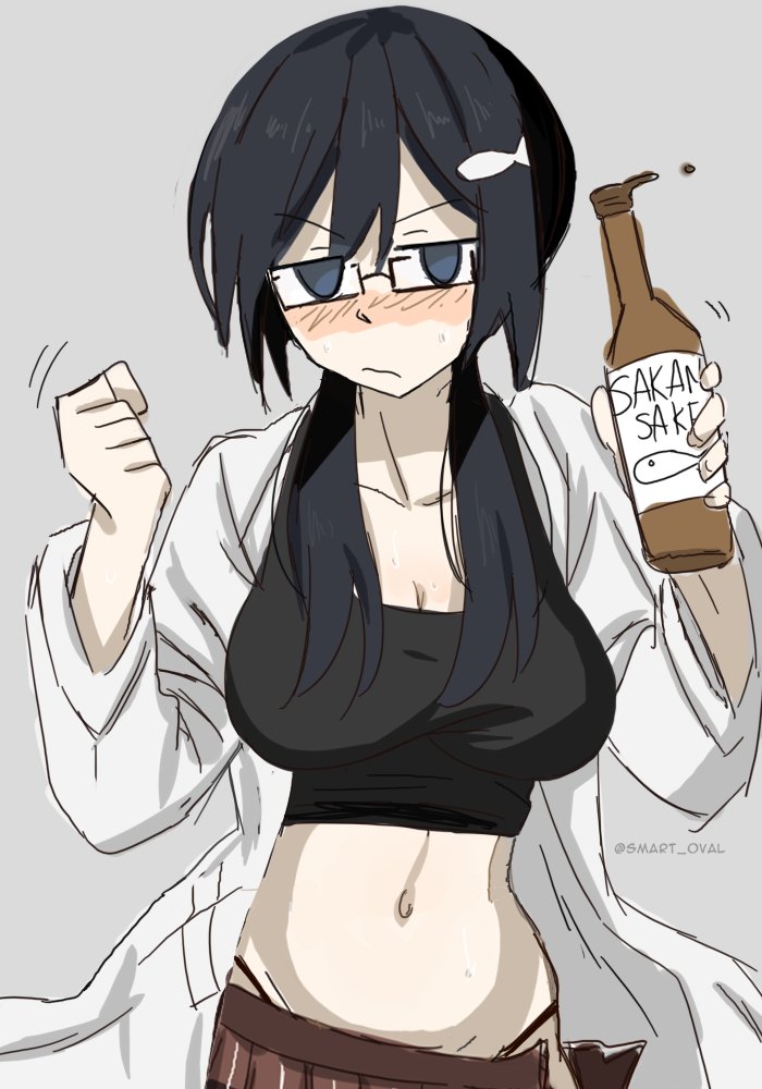 belly belly_button big_breasts blush breasts drunk lab_coat looking_at_viewer navel pants_open pantylines shijima's_sister shimeji_simulation smart_oval tummy