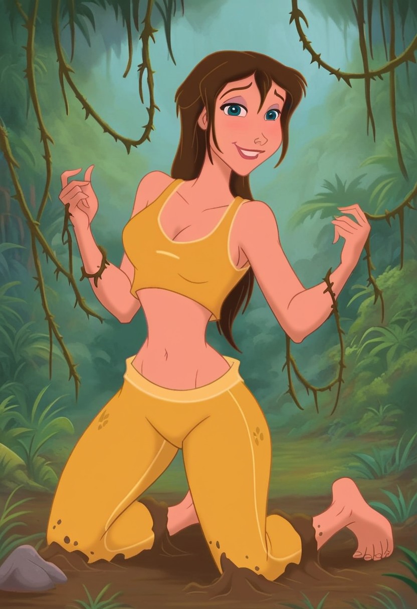 1girls ai_generated ass bare_shoulders barefoot bigmic145 blue_eyes breasts brown_hair brown_hair_female cleavage crop_top dirty_feet disney disney_princess feet female female_only jane_porter jungle jungle_girl legs medium_breasts midriff mud muddy navel solo solo_female tarzan_(1999_film) yoga yoga_pants