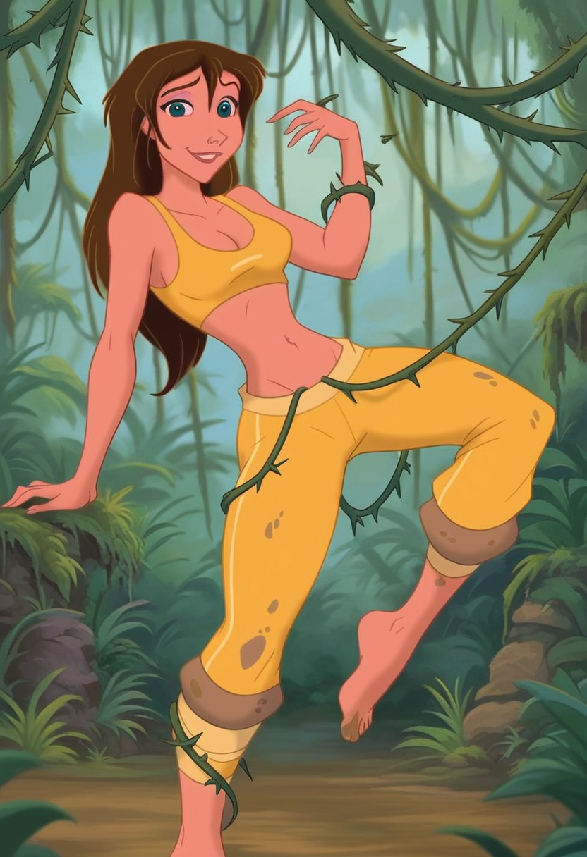 1girls ai_generated ass bare_shoulders barefoot bigmic145 blue_eyes breasts brown_hair brown_hair_female cleavage crop_top dirty_feet disney disney_princess feet female female_only jane_porter jungle jungle_girl legs medium_breasts midriff mud muddy navel solo solo_female tarzan_(1999_film) yoga yoga_pants