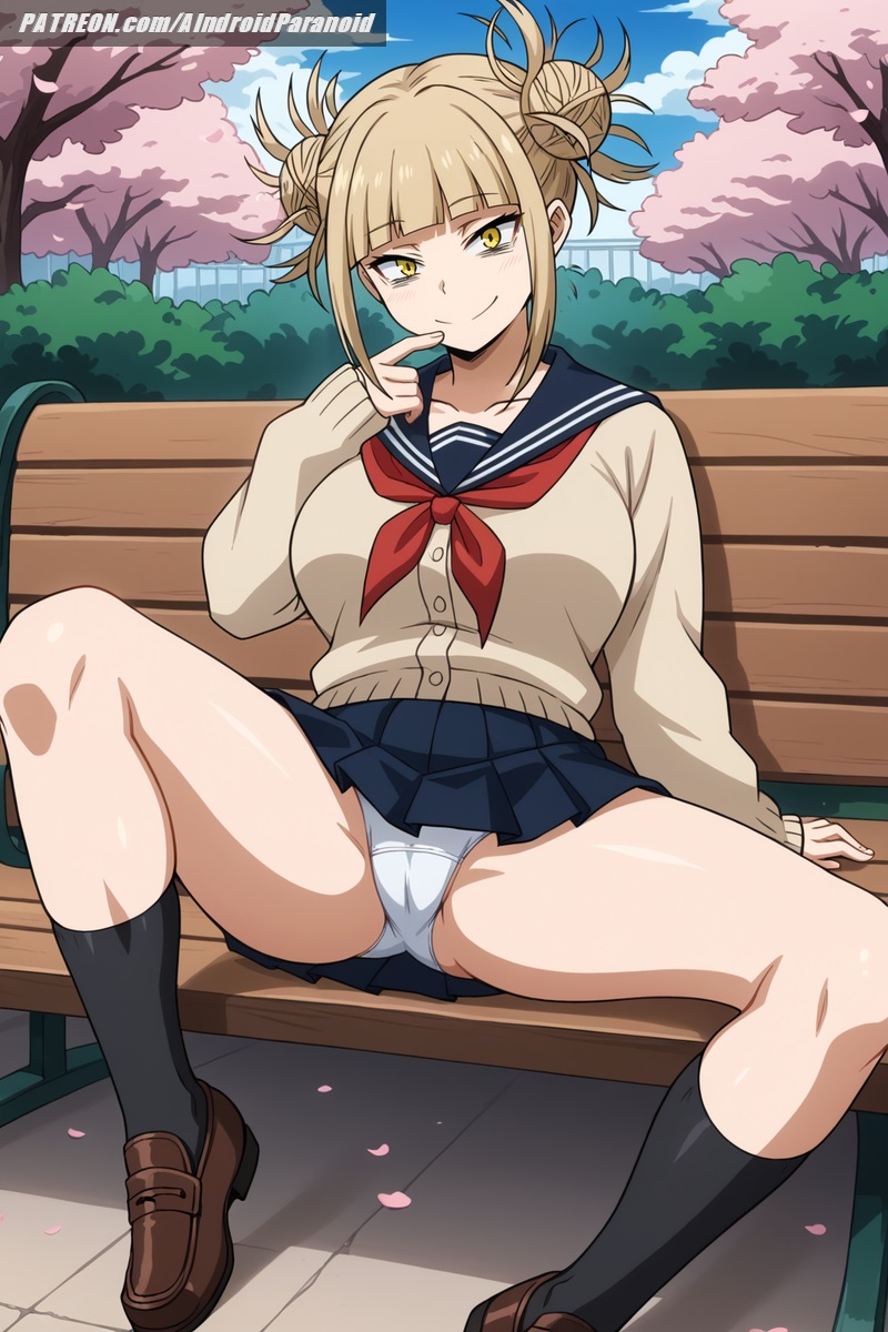 ai generated, aindroidparanoid, amber eyes, bench, big breasts, blonde hair, blue skirt, blue sky, boku no hero academia, breasts, buns, busty, cherry blossoms, cloud, crazy, crazy eyes, crazy smile, female, female only, himiko toga, huge breasts, long sleeves, miniskirt, my hero academia, narrow waist, outdoors, panties, park, park bench, school uniform, schoolgirl, schoolgirl uniform, shoes, skirt, slim waist, spread legs, standing, sweater, toga himiko, white panties, yandere