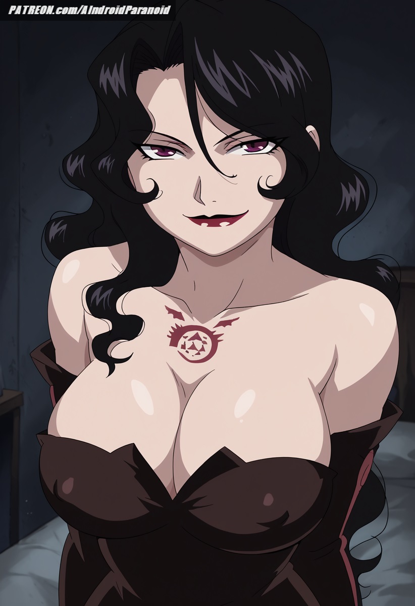 ai_generated aindroidparanoid bedroom big_breasts black_hair breasts busty cleavage curvy evil_smile female female_only fullmetal_alchemist fullmetal_alchemist_brotherhood hips homunculus huge_breasts indoors large_breasts lust lust_(fullmetal_alchemist) massive_breasts narrow_waist nipples pale_skin parted_lips red_eyes seductive stable_diffusion voluptuous waist wavy_hair