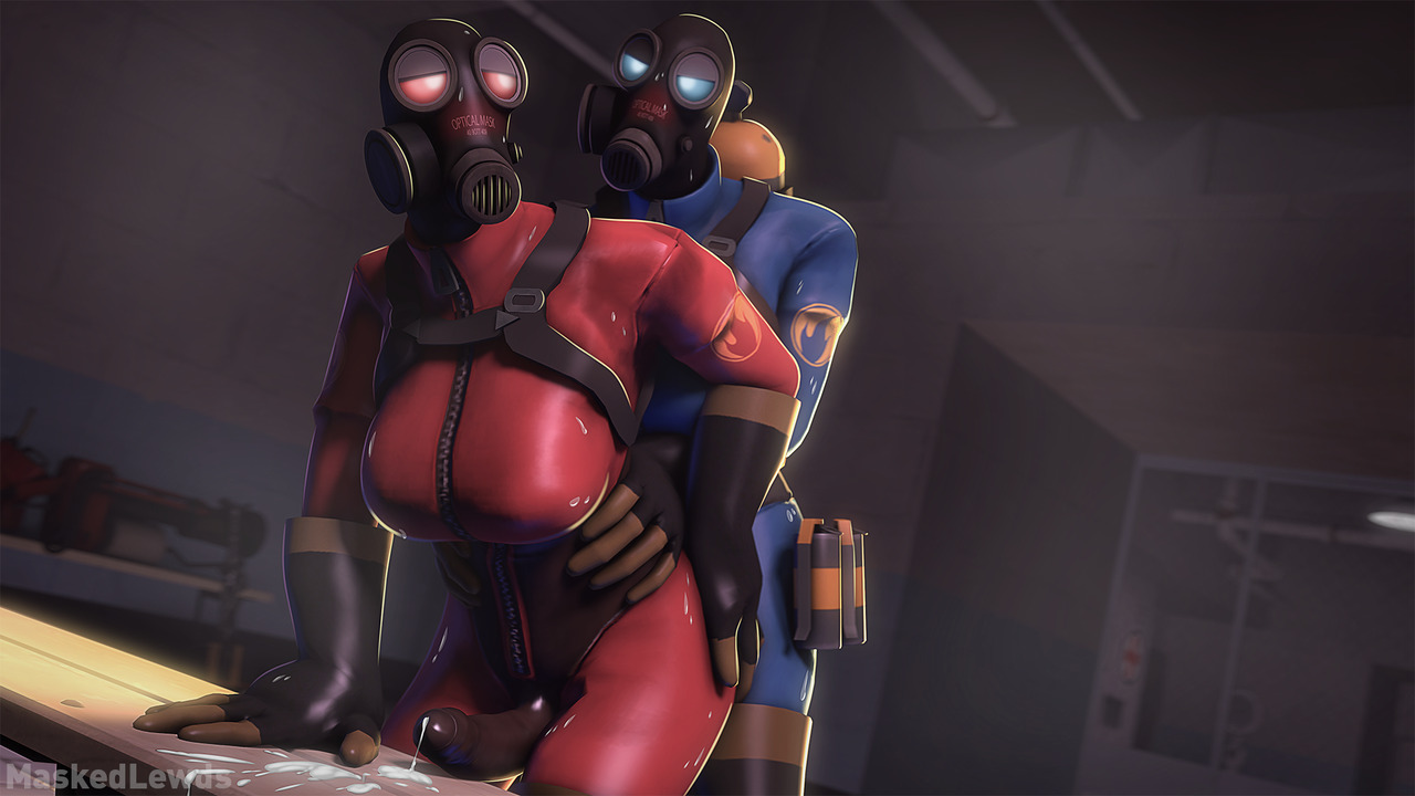 2futas, 3d, ass, ass grab, breasts, female, fempyro, futanari, gas mask, hip grab, implied penetration, implied sex, intersex, large breasts, latex, latex bodysuit, latex boots, latex clothing, latex futa, latex gloves, latex legwear, latex stockings, latex suit, latex thighhighs, maskedlewds, pyro, sfm, source filmmaker, team fortress 2, thigh boots, thigh high boots, valve, watermark, yuri