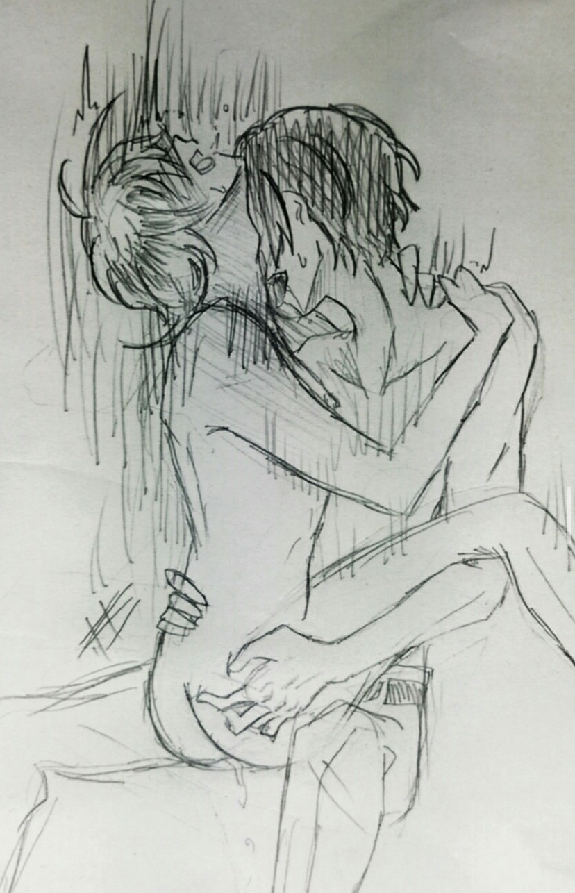 2boy 2boys black_and_white blush bottom_chuuya bsd bungo_stray_dogs bungou_stray_dogs chuuya_nakahara cum cum_in_ass dazai_osamu hugging male male/male nakahara_chuuya naked nude osamu_dazai pencil_(artwork) soukoku sweatdrop yaoi