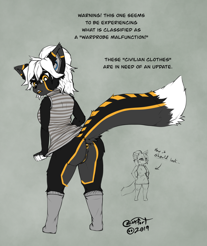 2019 android anthro black_fur blokfort bottomless clothed clothing domestic_cat dress felid feline felis female fur hair legwear machine mammal open_mouth original pussy shortstack socks warning_(fluff-kevlar) white_hair yellow_eyes