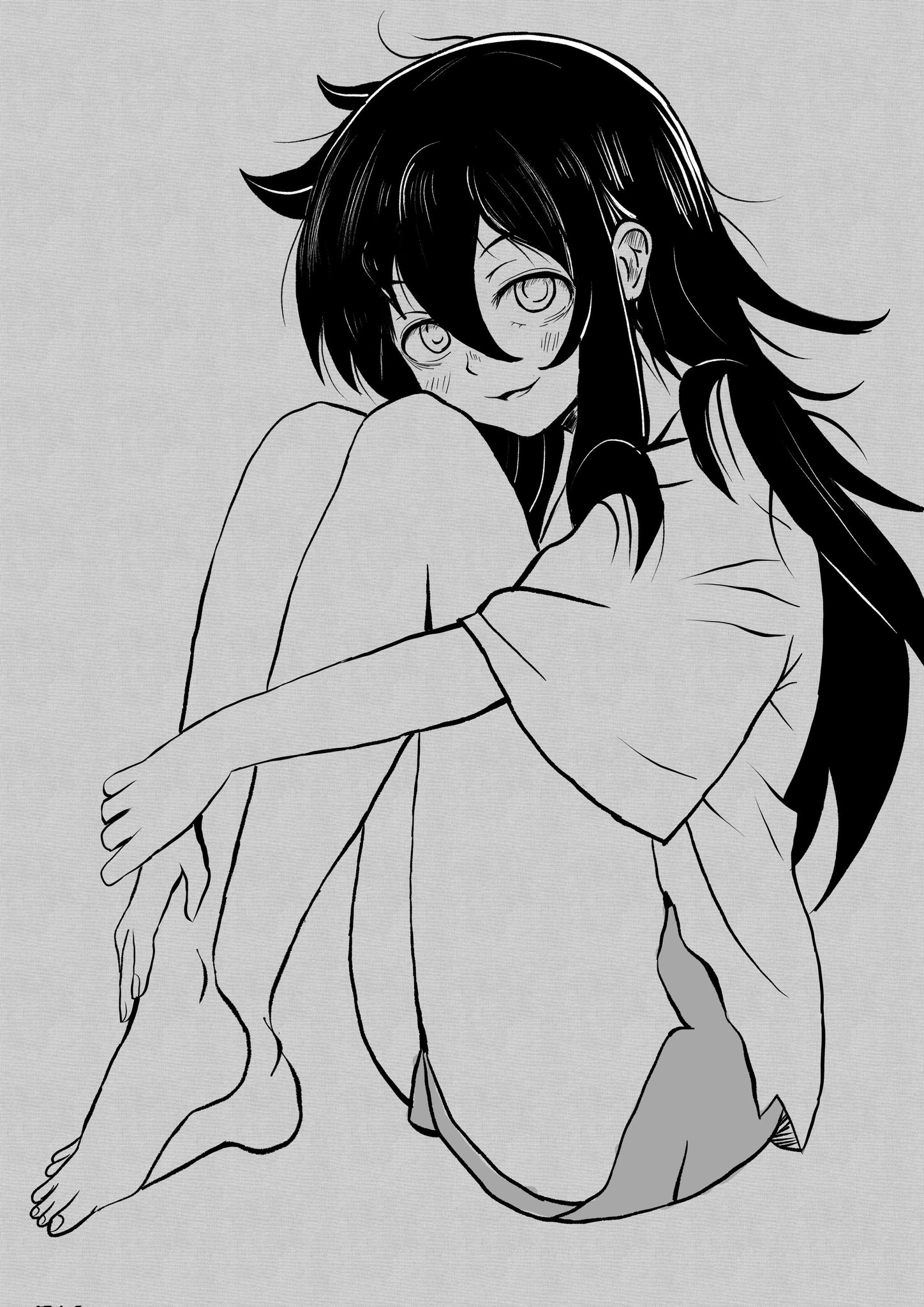 black and white, blush, feet, female, kuroki tomoko, legs, looking at viewer, monochrome, shorts, smooth skin, thick thighs, thighs, watashi ga motenai no wa dou kangaetemo omaera ga warui!, xnandoneko