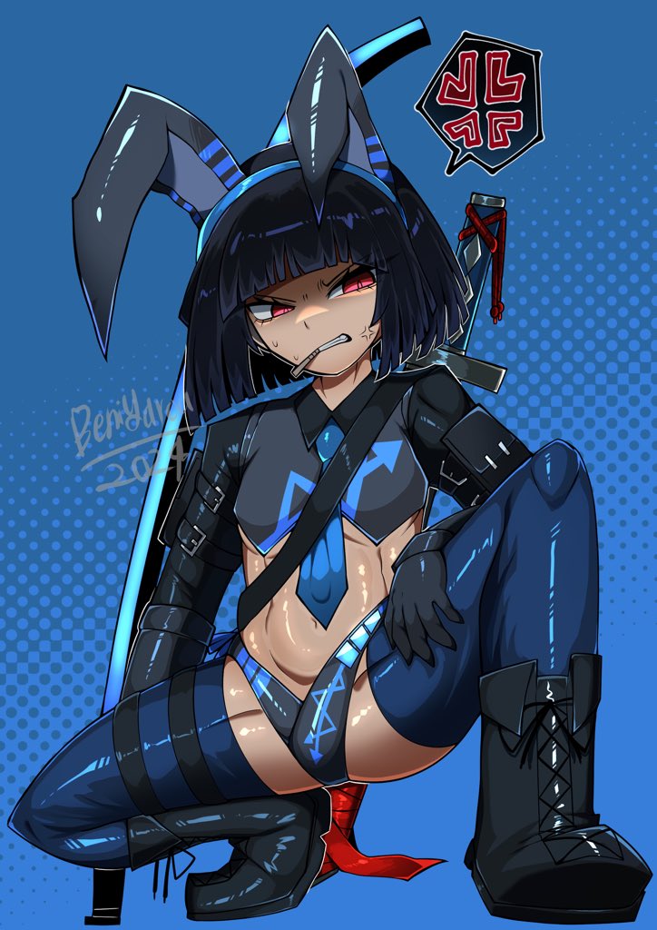 angry, artist request, black hair, boots, bunny ears, cigarette, female, female only, gesuiviolence, limbus company, project moon, ryoshu (limbus company), sword, tagme, w corp (identity) (project moon)