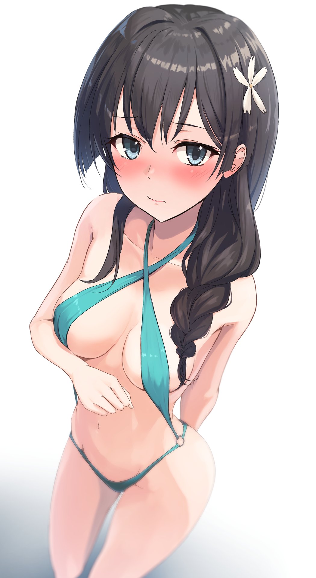1girls, 2020s, 2024, alternate costume, alternate hairstyle, arm behind back, black hair, blue eyes, blush, braid, breasts, breasts apart, closed mouth, criss-cross halter, female, flower, green slingshot swimsuit, hair flower, hair ornament, hair over shoulder, halterneck, hi res, k3rd, large breasts, light skin, light-skinned female, long hair, looking at viewer, navel, o-ring, o-ring swimsuit, official alternate costume, perspective, saten ruiko, single braid, slingshot swimsuit, solo, standing, swimsuit, teenage female, teenager, to aru kagaku no railgun, to aru majutsu no index, white background, wide hips, young, young female