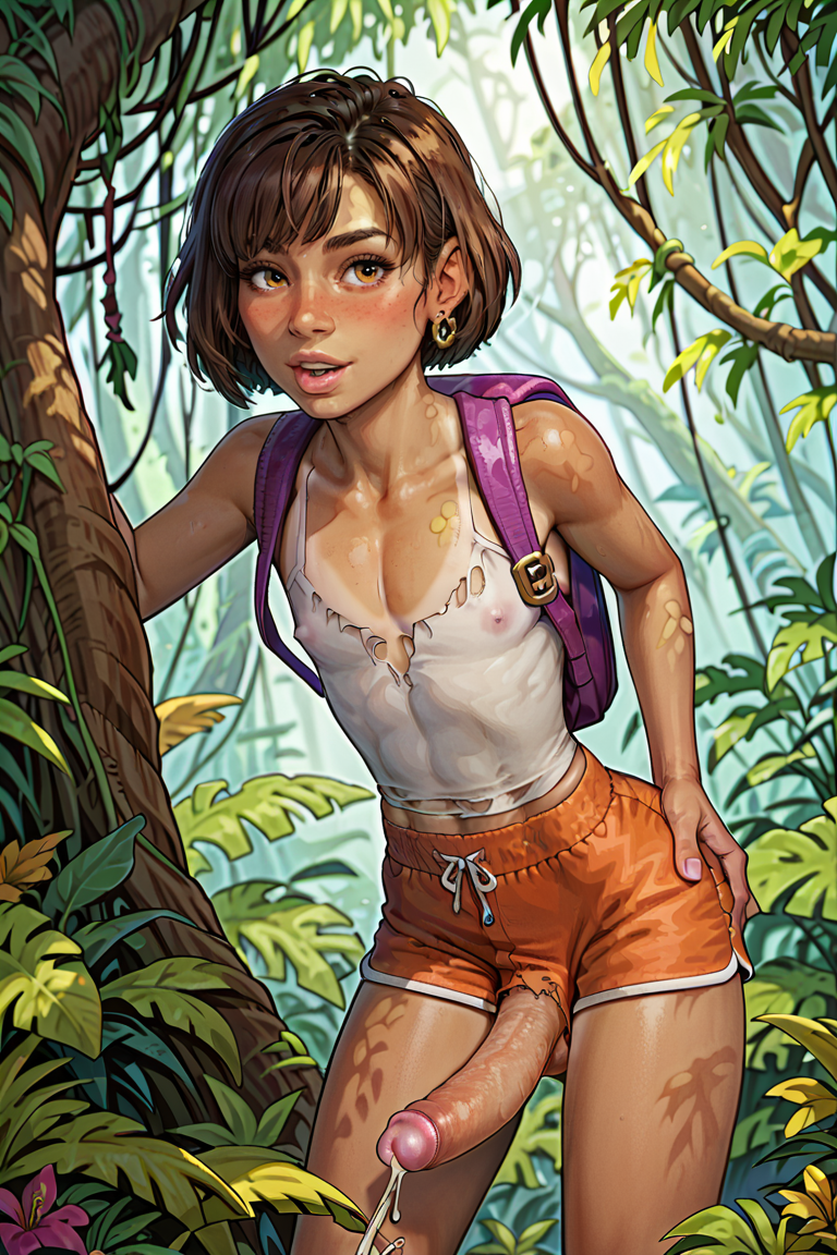 ai_generated cumshot dora_marquez dora_the_explorer femboy jungle katiekursuz_(artist) looking_at_viewer ripped_clothing solo solo_femboy standing