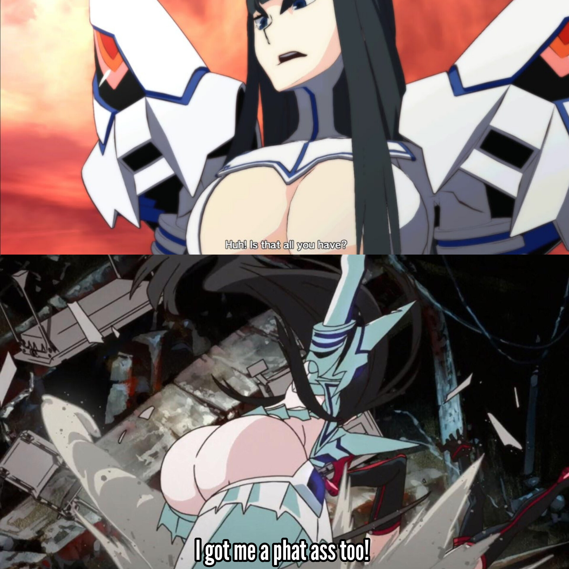 2girls, asian, asian bimbo, asian female, ass, back, big breasts, black hair, blue eyes, breasts, destruction, english text, fat ass, female, female only, huge ass, junketsu, kill la kill, kill la kill:if, kiryuuin satsuki, large breasts, light skin, light-skinned female, long hair, matoi ryuuko, meme, multiple females, multiple girls, paag, pale skin, pale-skinned female, screencap, solo focus, text, thighs