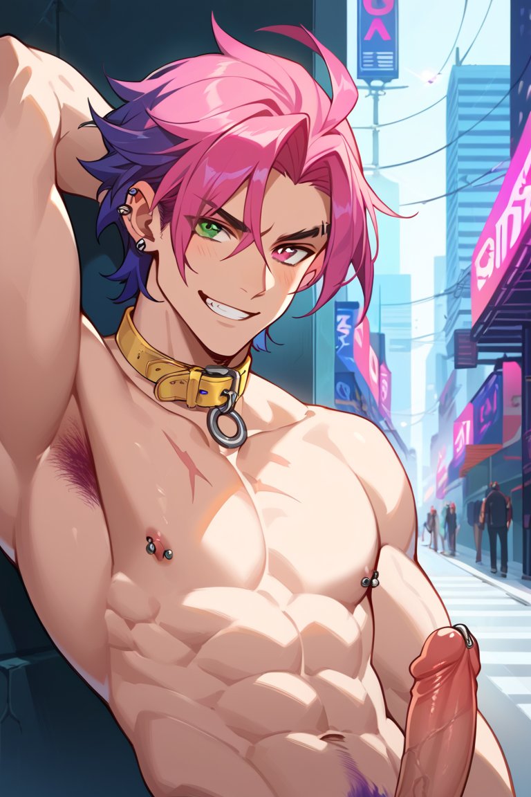 abs ai_generated ai_kira1_1 armpits arms_up big_penis erect_penis erection gay heartsteel_kayn heartsteel_series kayn league_of_legends male male_focus male_only muscular_male pecs yaoi