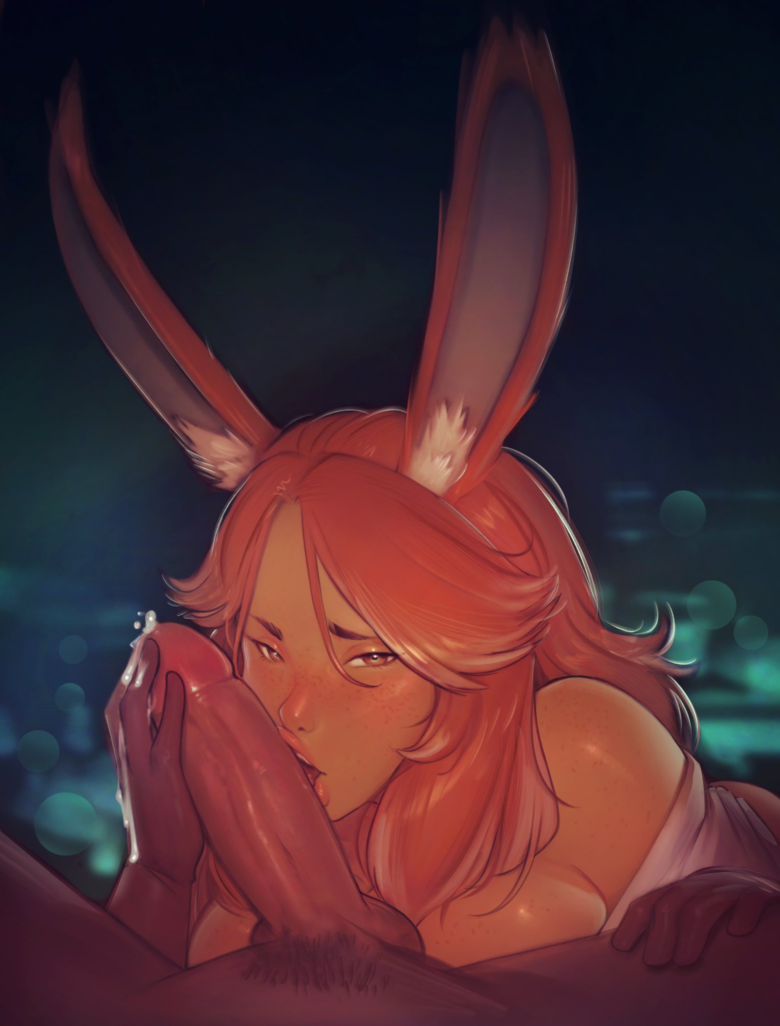 1boy 1girls bedroom_eyes bunny_ears cum erection fellatio female final_fantasy final_fantasy_xiv long_hair looking_at_viewer male oral penis pov rabbit_humanoid raunchyninja red_hair viera