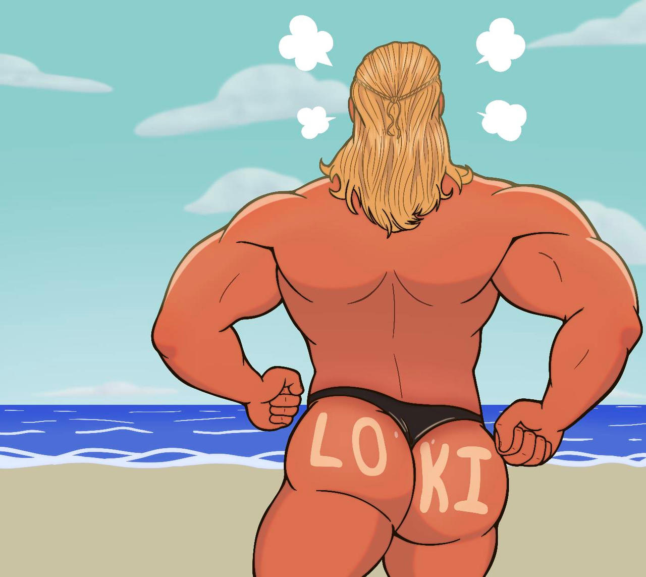 1boy ass beach blonde_hair facing_away_from_viewer humiliation male male_only marvel marvel_comics no_visible_genitalia pranked solo solo_male speedo_only tanlines thor_(marvel) tvfish-art yaoi