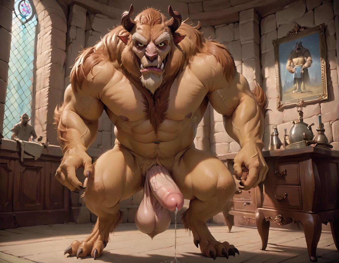 1boy abs ai_generated arm_hair balls bara beast_(disney) beauty_and_the_beast big_balls big_muscles big_nipples big_pecs big_penis booster_rex brown_body brown_fur chest_hair daddy dilf disney erect_nipples erection fangs gay hair hairy hairy_male horns huge_balls huge_cock huge_muscles humanoid hunk leg_hair long_ears male male_only monster monstrous_humanoid muscular muscular_humanoid muscular_male navel nipples nude pecs penis pointy_ears pubic_hair solo tusks