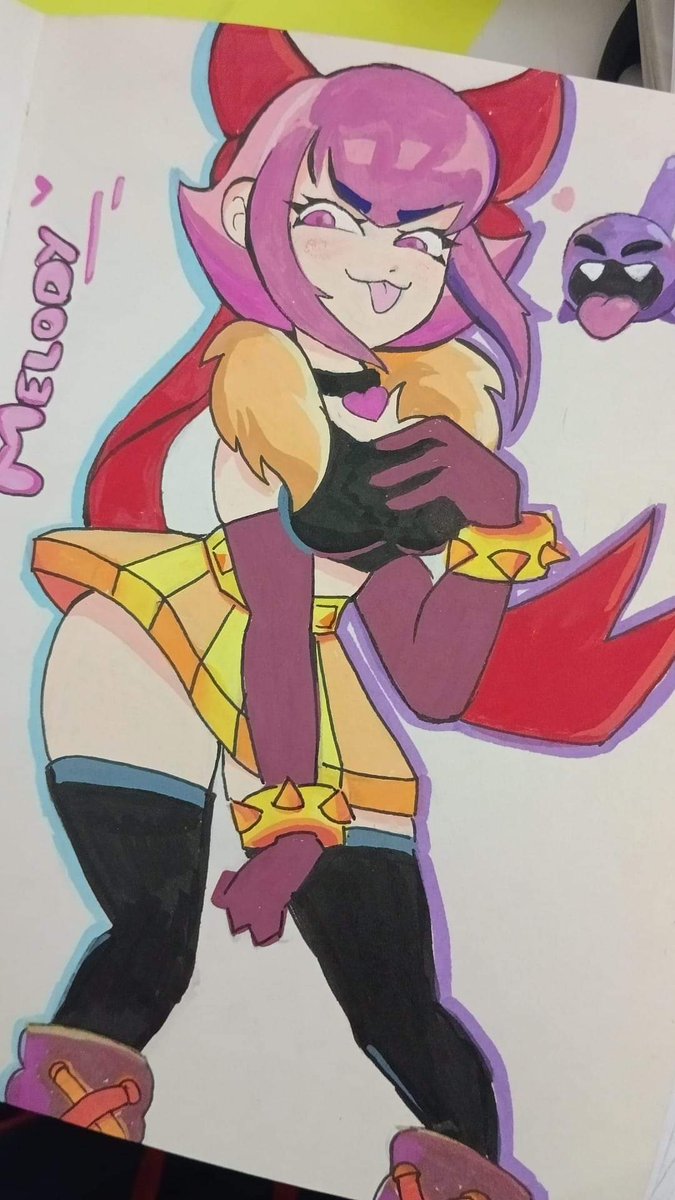 brawl stars, female, looking at viewer, melodie (brawl stars), painting (artwork), pink hair