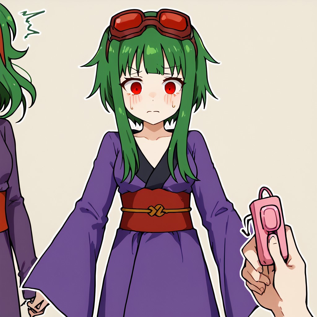 ai_generated breasts female goggles goggles_on_head green_hair gumi holding_remote japanese_clothes kimono long_sleeves looking_down masa_works_design mjdennsfw oni_to_kitsune_no_hanashi pov purple_kimono red_eyes red_goggles red_sash sex_toy short_hair_with_long_locks small_breasts solo_focus squirming unidentified_doll_owner vibrator vibrator_under_panties wide_sleeves