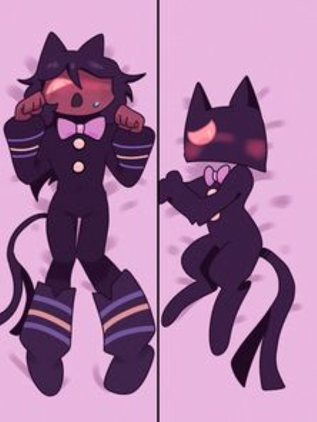 1boy bodypillow bowtie dark-skinned_male feline fundamental_paper_education laying_down m_meow machine_girl_(kaaatie) on_bed one_eye skary_(kaaatie) solo_male tail