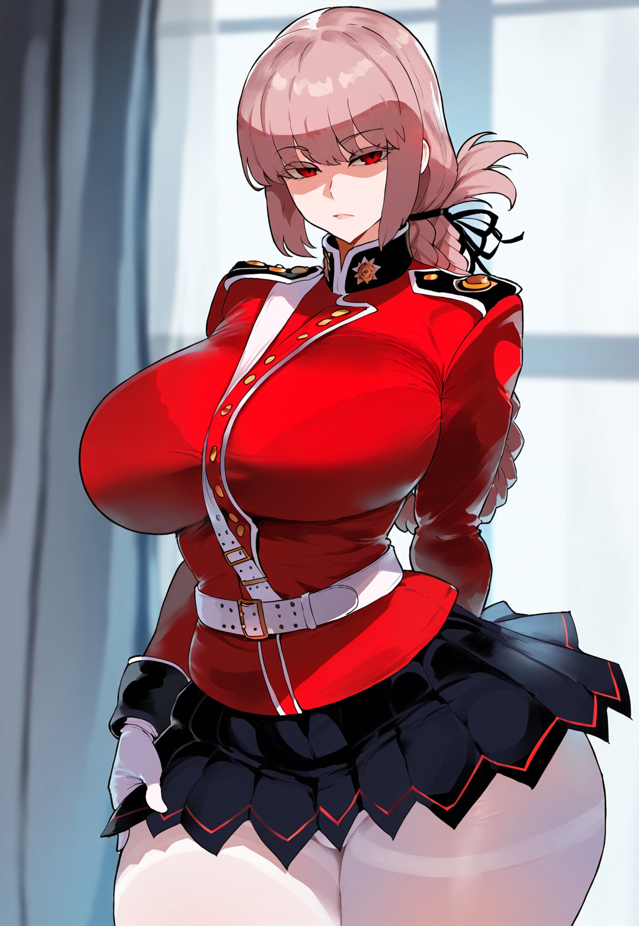 1girls, ai generated, artstyle imitation, breasts, fate (series), fate/grand order, female, floox, florence nightingale (fate), hi res, huge breasts, large breasts, light skin, light-skinned female, long hair, nurse, pink hair, red eyes, stable diffusion, thick thighs, wide hips