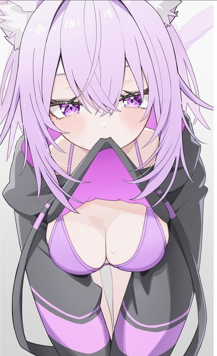 big_breasts big_tits bra cat_ears cat_girl catgirl cleavage covering_breasts cute hololive hololive_gamers hololive_japan hoodie kneeling lifting_hoodie lifting_shirt nekomata_okayu purple_bra purple_hair thighs virtual_youtuber vtuber