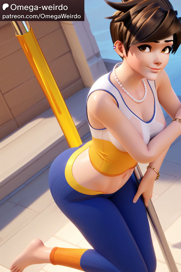 ai_generated barefoot bracelet brown_eyes brown_hair female gym_uniform jewlery looking_at_viewer necklace omega-weirdo outdoors overwatch overwatch_2 patreon see-through_clothing short_hair spiky_hair tracer yoga_pants