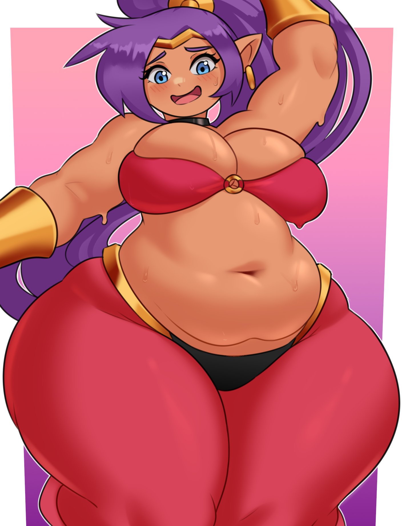 1girls big_breasts blue_eyes chubby chubby_female earrings fat fat_arms female female_only kt80at pointy_ears purple_hair shantae shantae_(character) slightly_chubby_female solo solo_female sweat sweaty tan_body thick_thighs wayforward wide_hips