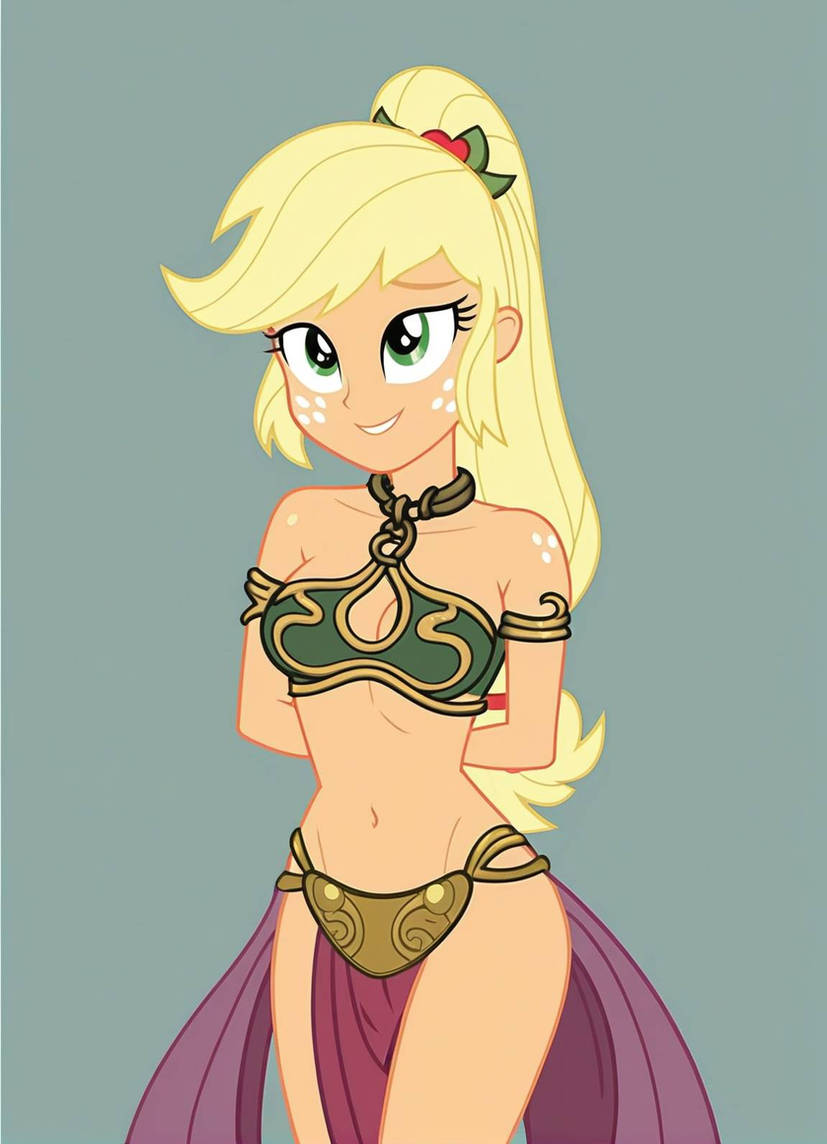 applejack_(eg) applejack_(mlp) applejack_(mlp) bare_arms bare_legs bare_midriff bare_shoulders bare_thighs barefoot belly_button bikini bikini_top blonde_hair bra bracelet cleavage collar crossover crossover_cosplay equestria_girls face_freckles freckles freckles_on_shoulders gold_(metal) gold_bikini gold_bikini_top gold_bra gold_bracelets gold_collar gold_hair_ornament gold_jewelry golden_bikini golden_bikini_top golden_bra golden_bracelets golden_collar golden_hair_ornaments green_bikini green_bikini_top green_bra green_eyes grey_background hair_ornament hourglass_figure light-skinned_female light_skin loincloth long_hair long_ponytail metal_bracelet metal_collar midriff my_little_pony my_little_pony_equestria_girls my_little_pony_friendship_is_magic navel ponytail red_loincloth slave slave_bikini slave_collar slave_leia slave_leia_(cosplay) slave_outfit slavegirl star_wars thick_thighs