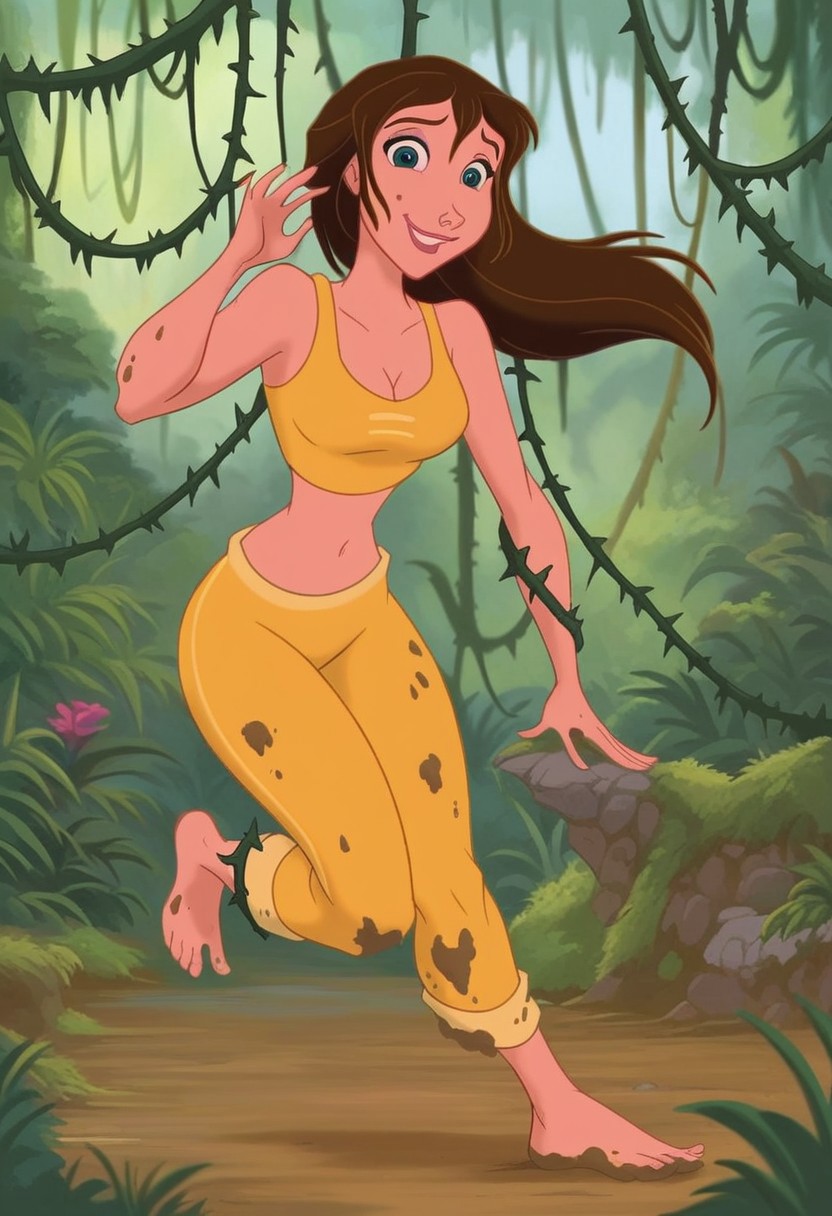 1girls ai_generated ass bare_shoulders barefoot bigmic145 blue_eyes breasts brown_hair brown_hair_female cleavage crop_top dirty_feet disney disney_princess feet female female_only jane_porter jungle jungle_girl legs medium_breasts midriff mud muddy navel solo solo_female tarzan_(1999_film) yoga yoga_pants