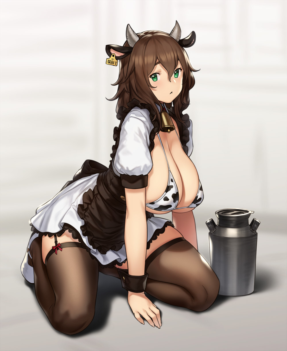 1girls, big breasts, bra, breasts, cleavage, cow girl, cow print, ear tag, female, female only, garter belt, horns, houtengeki, large breasts, looking at viewer, solo, thighhighs