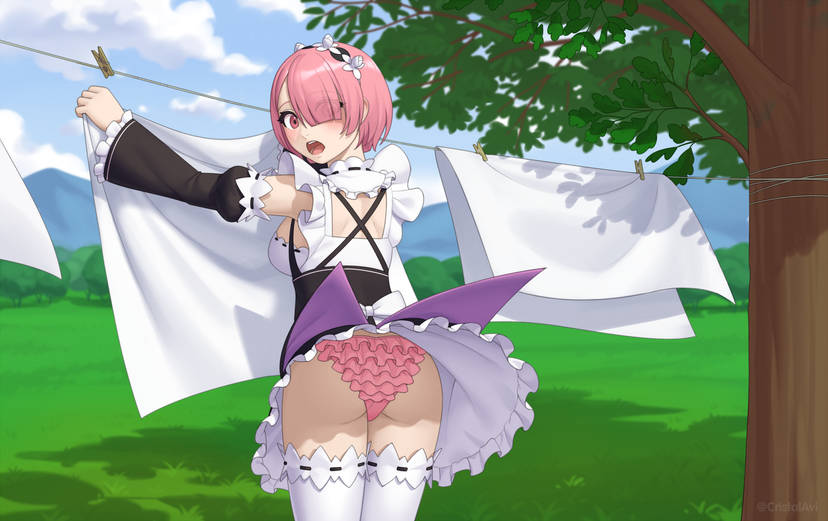 dress_lift panties pantsu pink_eyes pink_hair pink_panties ram_(re:zero) re:zero_kara_hajimeru_isekai_seikatsu wind_lift