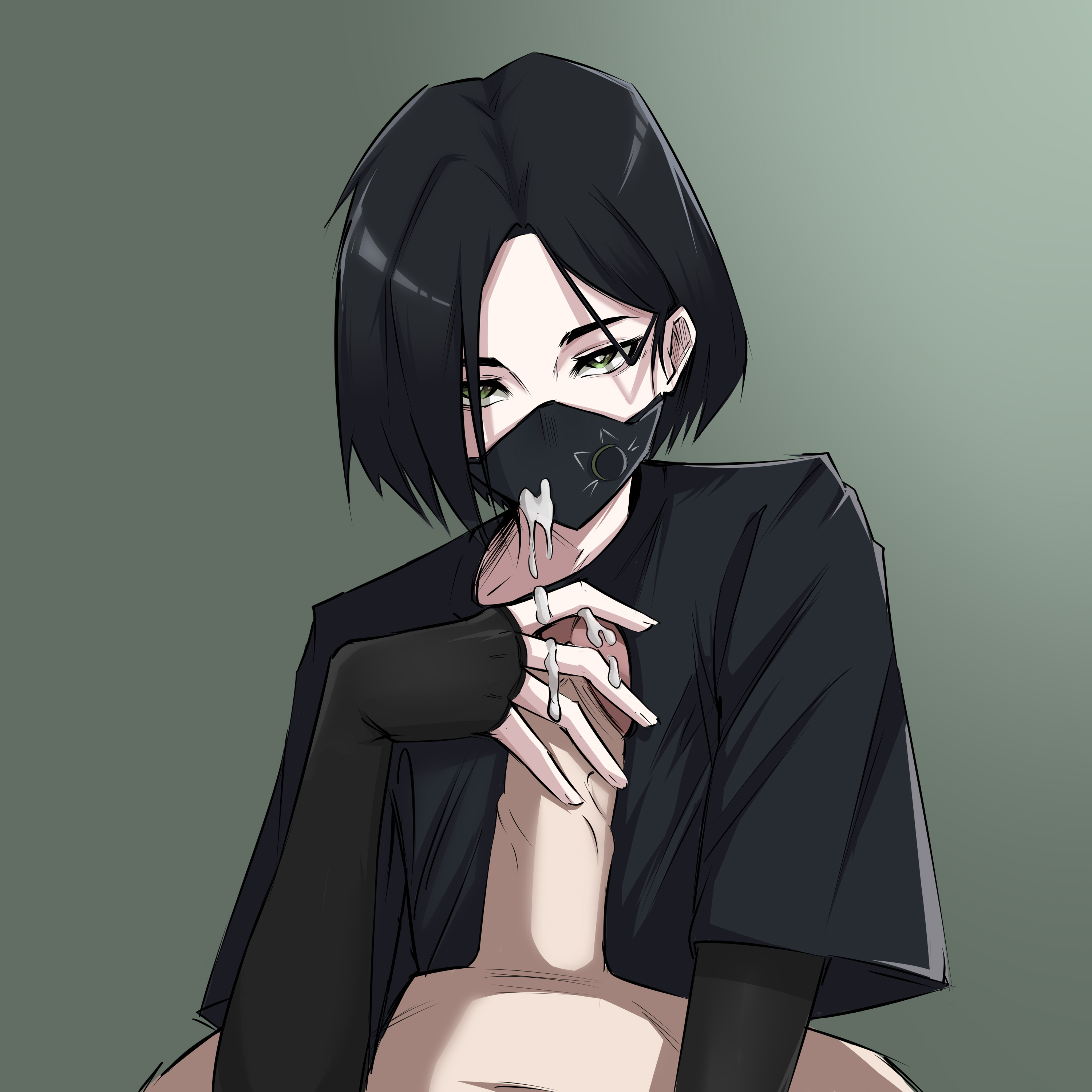 black hair, blowjob, cum, cute, fanart, female, fingerless gloves, green eyes, handjob, mask, short hair, valorant, viper (valorant)