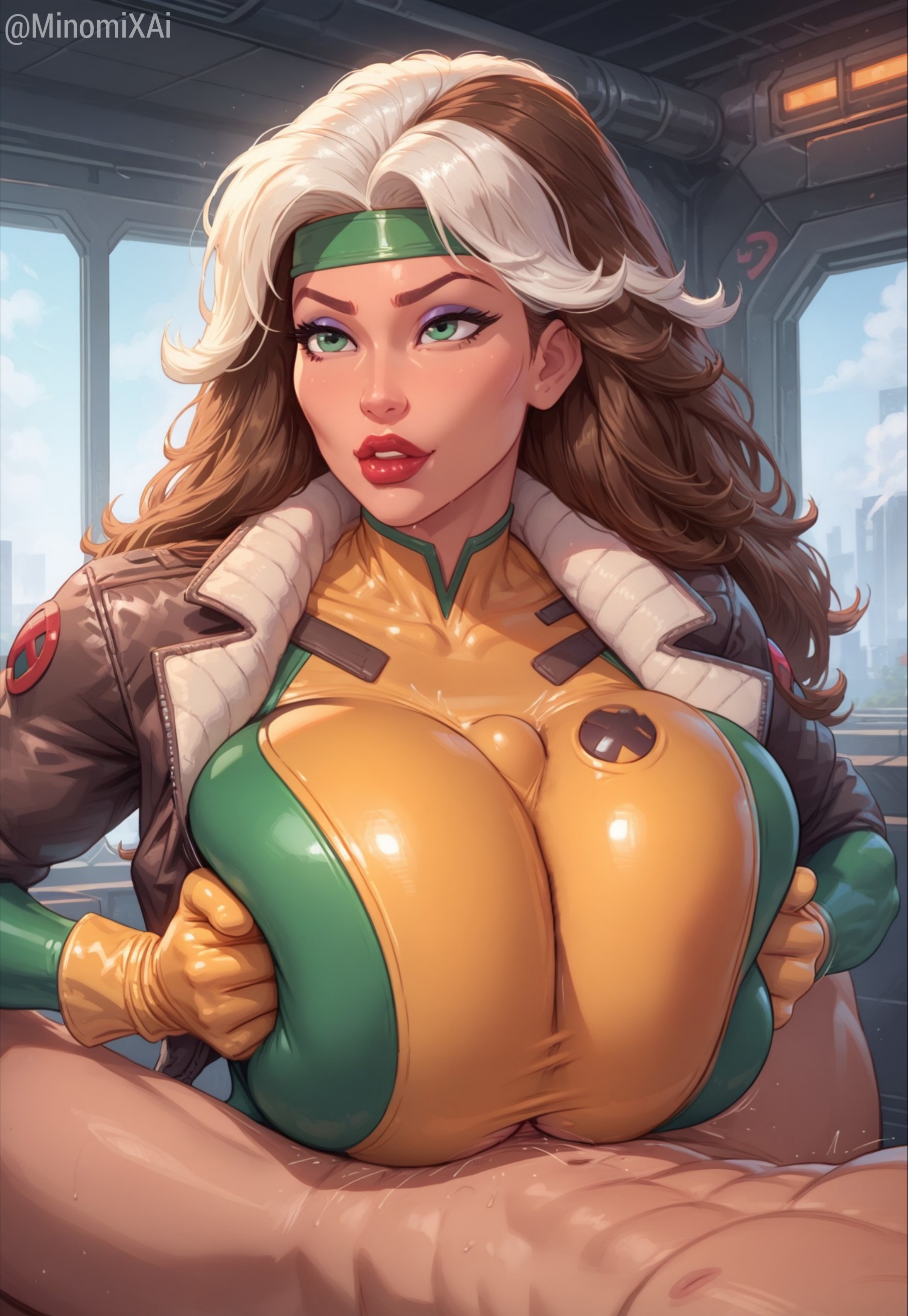1boy, 1girls, ai generated, anna marie, areolae, bangs, bodysuit, boobjob, breast squeeze, breasts, brown hair, bulge through clothing, busty, cleavage, clothed, clothed female nude male, dyed hair, erection, female, gloves, green eyes, headband, holding breast, huge breasts, huge cock, indoors, jacket, latex, latex bodysuit, leather, lips, long hair, male, marvel, marvel comics, minomixai, paizuri, paizuri under clothes, parted lips, penis, pleasure, pov, pov crotch, precum, rogue (x-men), seductive, skin tight, superhero, superheroine, thick lips, tight clothing, titjob, uncensored, voluptuous, voluptuous female, white hair, x-men