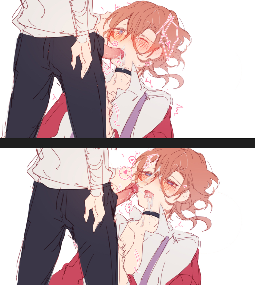 2boy 2boys anime_style black_collar blowjob blue_eyes blush bottom_chuuya brown_hair bsd bungo_stray_dogs bungou_stray_dogs chuuya_nakahara collar colored cum cum_in_mouth cum_on_face dazai_osamu dress_pants dress_shirt gay_blowjob heart heart-shaped_pupils male male/male male_only mostly_clothed oral oral_sex penis_out soukoku suspenders