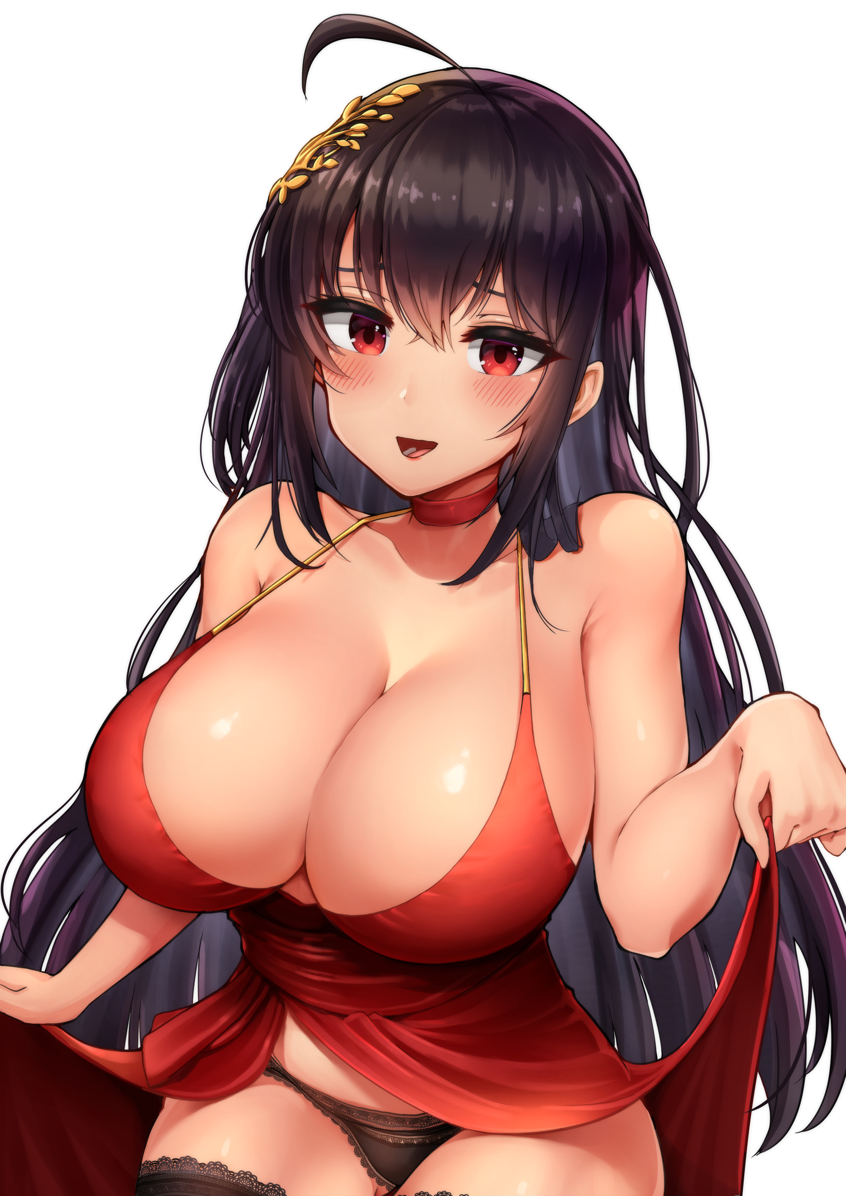 1girls, azur lane, bangs, black hair, black panties, blush, breasts, choker, cleavage, dress, dress lift, female, hair between eyes, hair ornament, huge breasts, long hair, looking at viewer, open mouth, panties, red dress, red eyes, smile, stockings, taihou (azur lane), taihou (forbidden feast) (azur lane)